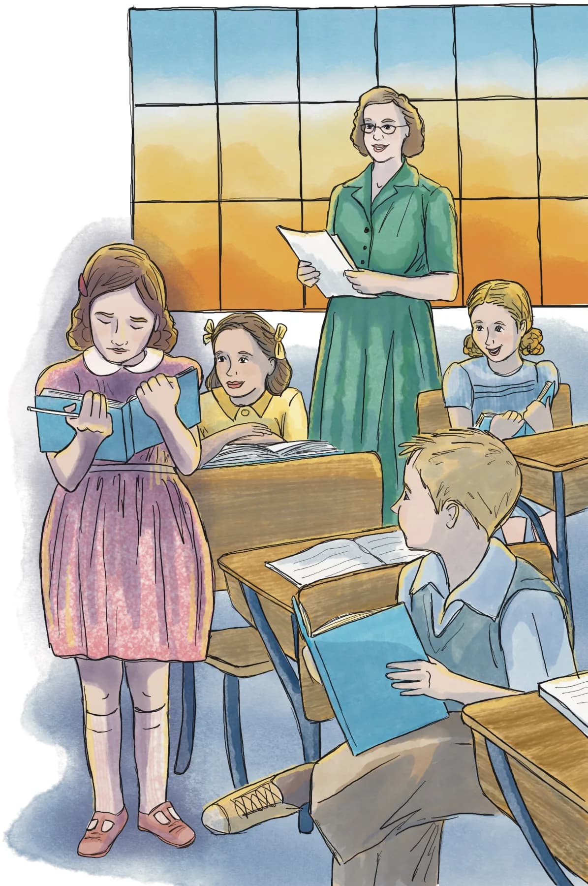 Eva stands among classmates at wooden desks while a teacher reads aloud from a page.